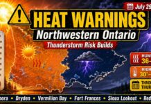Yellow heat warnings cover Kenora, Dryden, Vermilion Bay, Fort Frances, Sioux Lookout and Red Lake Northwestern Ontario Weather July 29 2026