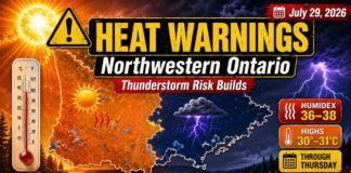 Yellow heat warnings cover Kenora, Dryden, Vermilion Bay, Fort Frances, Sioux Lookout and Red Lake Northwestern Ontario Weather July 29 2026