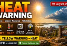 July 28, 2026: Heat Warning Issued for Kenora, Grassy Narrows and Whitedog Kenora weather, Kenora forecast, Lake of the Woods weather, Lake of the Woods forecast, Grassy Narrows weather, Grassy Narrows First Nation, Whitedog weather, Whitedog First Nation, Wabaseemoong Independent Nations, Northwestern Ontario weather, Northern Ontario weather, heat warning, yellow heat warning, Environment Canada
