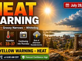 July 28, 2026: Heat Warning Issued for Kenora, Grassy Narrows and Whitedog Kenora weather, Kenora forecast, Lake of the Woods weather, Lake of the Woods forecast, Grassy Narrows weather, Grassy Narrows First Nation, Whitedog weather, Whitedog First Nation, Wabaseemoong Independent Nations, Northwestern Ontario weather, Northern Ontario weather, heat warning, yellow heat warning, Environment Canada