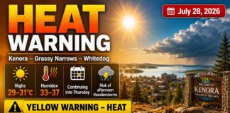 July 28, 2026: Heat Warning Issued for Kenora, Grassy Narrows and Whitedog Kenora weather, Kenora forecast, Lake of the Woods weather, Lake of the Woods forecast, Grassy Narrows weather, Grassy Narrows First Nation, Whitedog weather, Whitedog First Nation, Wabaseemoong Independent Nations, Northwestern Ontario weather, Northern Ontario weather, heat warning, yellow heat warning, Environment Canada