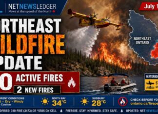Two new fires bring the Northeast Fire Region total to 60 active wildland fires Northeast Fire Region, Ontario wildfires, North Bay 34, Sudbury 28, Restoule Provincial Park, waterbomber safety, outdoor burning, forest fire update