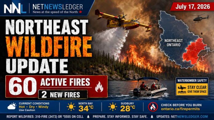 Northeast-Ontario-Wildfire-Update-18-July-2026 Northeast Fire Region, Ontario wildfires, North Bay 34, Sudbury 28, Restoule Provincial Park, waterbomber safety, outdoor burning, forest fire update