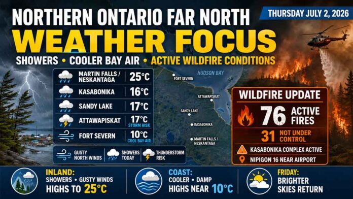 Far North Ontario weather for July 2, 2026: showers, gusty winds, thunderstorm risk, cooler Hudson Bay air, and latest Northwest Region wildfire information including active fires near Kasabonika Lake Far North Ontario weather for July 2, 2026: showers, gusty winds, thunderstorm risk, cooler Hudson Bay air, and latest Northwest Region wildfire information including active fires near Kasabonika Lake
