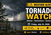 TORNADO WATCH: Armstrong, Auden and Wabakimi Park at Risk of Severe Storms Tornado Watch Armstrong - July 24 2026