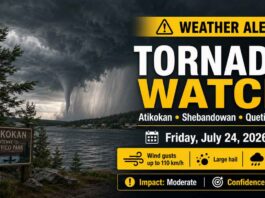 TORNADO WATCH: Armstrong, Auden and Wabakimi Park at Risk of Severe Storms Tornado Watch Armstrong - July 24 2026