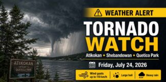 TORNADO WATCH: Armstrong, Auden and Wabakimi Park at Risk of Severe Storms Tornado Watch Armstrong - July 24 2026