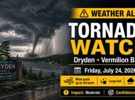 Tornado watch issued for Dryden and Vermilion Bay, with tornadoes, 110 km/h winds, large hail and up to 50 mm of rain possible Friday Tornado Watch Dryden and Vermilion Bay