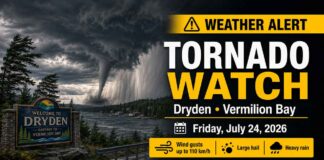 Tornado watch issued for Dryden and Vermilion Bay, with tornadoes, 110 km/h winds, large hail and up to 50 mm of rain possible Friday Tornado Watch Dryden and Vermilion Bay