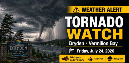 Tornado watch issued for Dryden and Vermilion Bay, with tornadoes, 110 km/h winds, large hail and up to 50 mm of rain possible Friday Tornado Watch Dryden and Vermilion Bay
