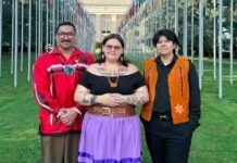 First Nation Youth Are Making The World Listen photo provided by Kohen Mattinas Nishnawbe-Aski Nation First Nation Youth Delegation at the UN Expert Mechanism on the Rights of Indigenous Peoples (EMRIP) in Gevena, Switzerland are from L-R: Ryan Fleming, Attawapiskat FN; Keira Spence, Moose Cree FN and Kohen Mattinas, Lac Seul FN / Constance Lake FN.