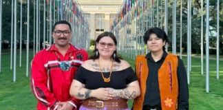 First Nation Youth Are Making The World Listen photo provided by Kohen Mattinas Nishnawbe-Aski Nation First Nation Youth Delegation at the UN Expert Mechanism on the Rights of Indigenous Peoples (EMRIP) in Gevena, Switzerland are from L-R: Ryan Fleming, Attawapiskat FN; Keira Spence, Moose Cree FN and Kohen Mattinas, Lac Seul FN / Constance Lake FN.