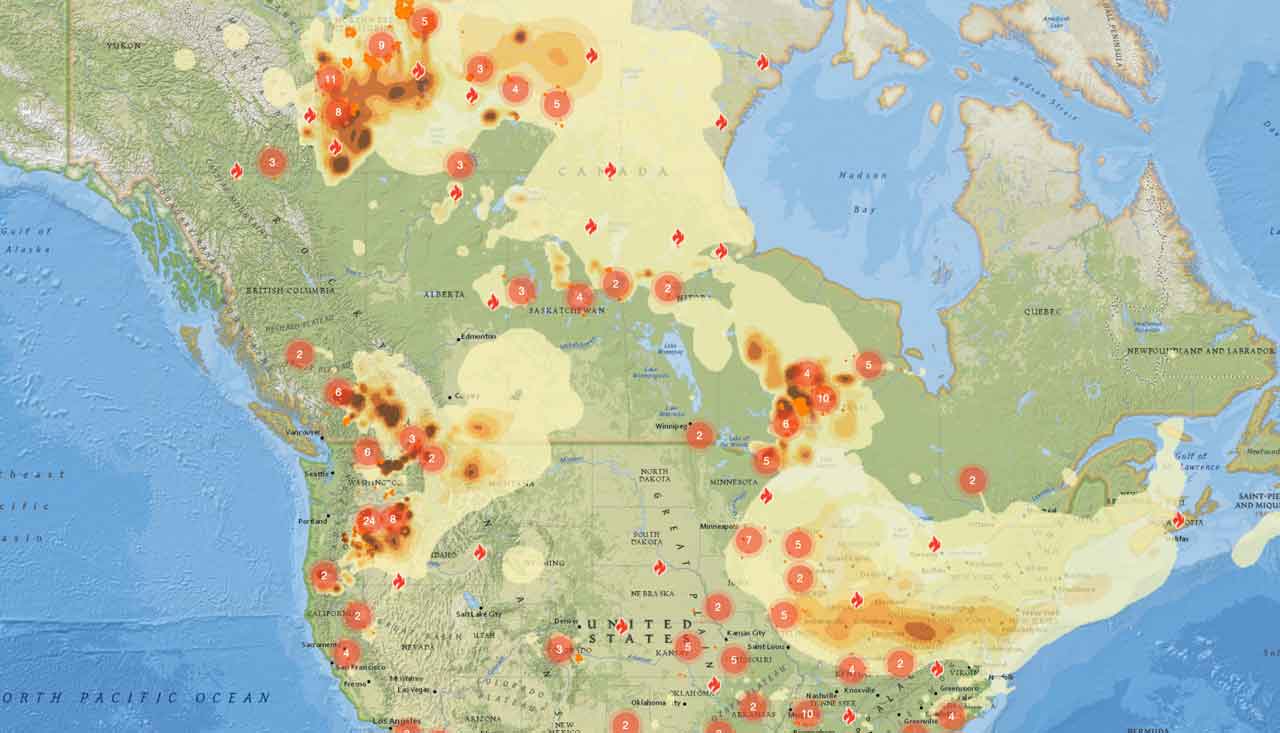 Wildfire Smoke Map from Firesmoke.ca on July 19 2026