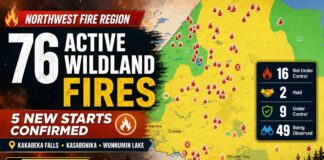Northwest Fire Region reports 76 active fires, including new starts near Kakabeka Falls and Slate Falls Wildland fire update as of July 6 2026