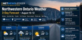 NWO Weather for August 10-12, 2026, covering Kenora, Vermilion Bay, Dryden, Fort Frances, Sioux Lookout, Pickle Lake and Red Lake Northwestern Ontario August 10 2026 Weather