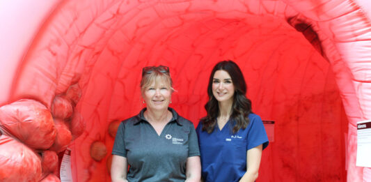 Giant Colon Experience Promotes Colon Cancer Prevention and Screening Tarja Heiskanen, Manager of Prevention and Screening at TBRHSC & Dr. Jordan Green, Regional Colorectal Screening and GI Endoscopy Lead for Ontario Health – Cancer Care Ontario at TBRHSC
