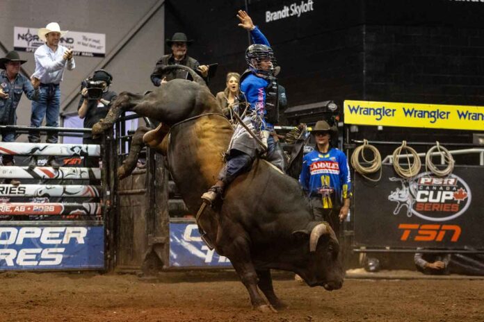 Coy Robbins rode both bulls to win his first PBR Canada Cup Series event in Grande Prairie, while Nick Tetz strengthened his national championship lead
