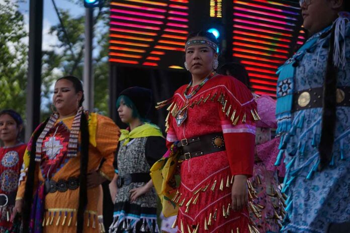 Jingle Dress Dancers on Stage at Wake the Giant 2026 Jingle Dress Dancers on Stage at Wake the Giant 2026