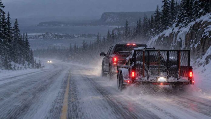 Blizzard-Highway-Toward-the-Frozen-Lake Winter Driving Northern Ontario