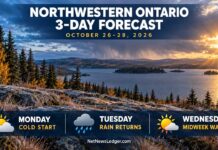 Northwestern Ontario forecast: Cold nights give way to rain and a midweek warm-up Northwestern Ontario’s October 26–28 forecast brings cold nights, possible flurries, rain and a Wednesday warm-up from Kenora to Thunder Bay and North Shore