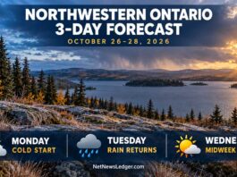 Northwestern Ontario forecast: Cold nights give way to rain and a midweek warm-up Northwestern Ontario’s October 26–28 forecast brings cold nights, possible flurries, rain and a Wednesday warm-up from Kenora to Thunder Bay and North Shore